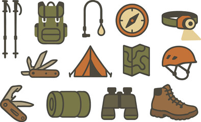 Camping and hiking solid icon set. outdoor equipment, adventure essentials icons