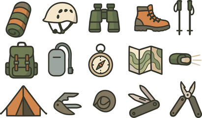 Camping essentials flat icon set. outdoor adventure gear for hiking and travel