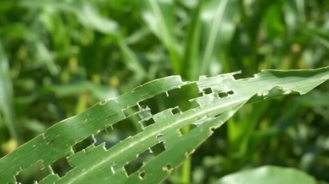 A corn leaf with visible damage square or rectangular holes from insects or pests