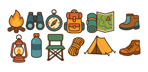 Camping, outdoor adventure flat icon set. essential equipment and tools collection