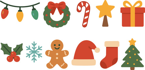 Holiday and christmas flat icon set. celebration, festive symbols, holiday decor icons
