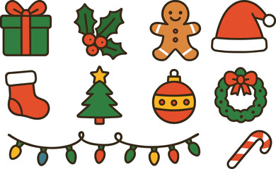 Christmas cheer icon set. festive, holiday icons in colorful flat style