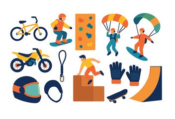 Extreme sports filled icon set. adventure, skateboarding, biking, climbing icons