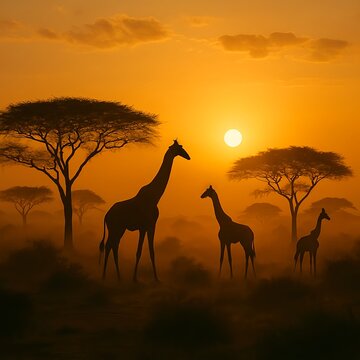 African Savanna Sunrise with Giraffe Silhouettes