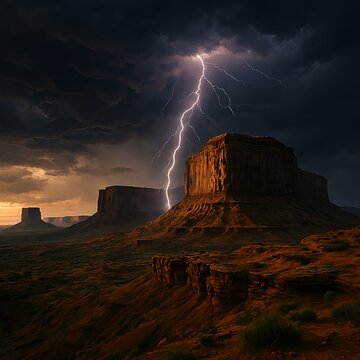 Desert Plateau Illuminated by Lightning Storm