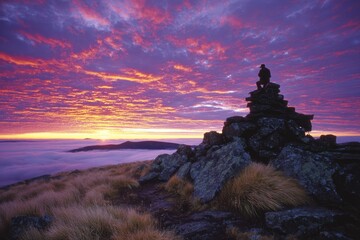 Fototapeta premium Silhouetted figure atop a rock cairn at sunrise over a misty landscape