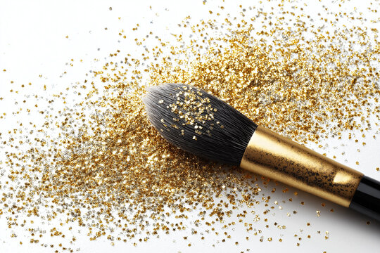 Brocha de maquillaje sobre fondo de glitter dorado que transmite lujo, estilo y creatividad visual, ideal para destacar productos cosm&eacute;ticos, tendencias de belleza y contenido est&eacute;tica profesional.