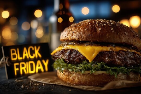 Delicious Burger with Black Friday Sign Nearby - Powered by Adobe