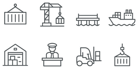 Logistics and shipping linear icon set. featuring container, crane, dock, ship, warehouse, officer, forklift, hoist