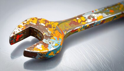 Close-Up of Vintage Wrench with Colorful Rusty Surface Details