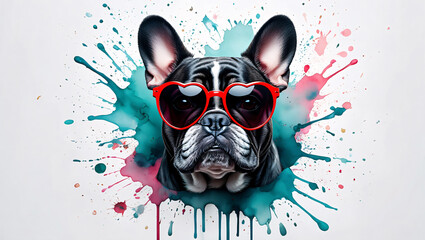 French Bulldog Wearing Red Heart Sunglasses with Paint Splatter animal