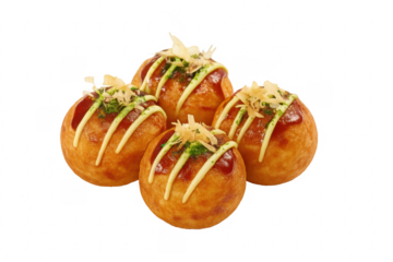 Takoyaki topped with dried bonito flakes and sauce on transparent background