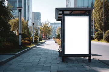 Modern outdoor bus stop with empty advertising billboard in urban setting