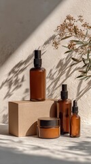 Minimalistic amber glass cosmetic containers with natural elements and shadows