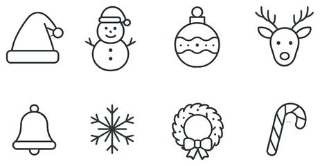 Christmas celebration linear icon set. featuring santa hat, snowman, ornament, reindeer, bell, snowflake, wreath, candy cane