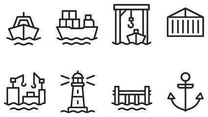 Maritime industry linear icon set. featuring ship, cargo, crane, container, lighthouse, anchor, dock