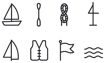 Nautical linear icon set. featuring boat, paddle, knot, anchor, vest, flag, and waves symbols