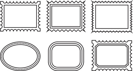 Collection of six decorative postage stamp frames with perforated edges for vintage mail design, stamp, frame, border