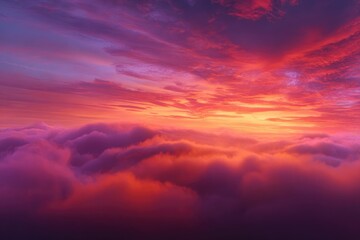 Obraz premium Epic sunset over a sea of clouds. Vibrant hues of orange, pink, and purple paint the sky above fluffy clouds