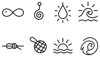 Nature elements linear icon set. featuring infinity, spiral, droplet, wave, barbed wire, net, sunset, swirl symbols