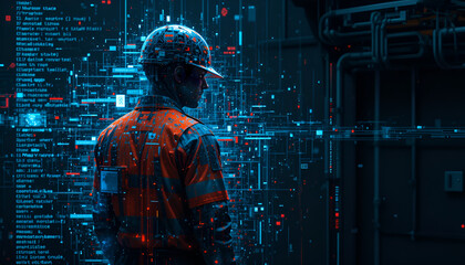 A futuristic construction worker stands amidst a digital matrix of code and technological infrastructure