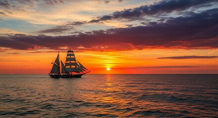 A tall ship sailing on the ocean at sunset with bright orange and purple clouds in the sky above it ai generated