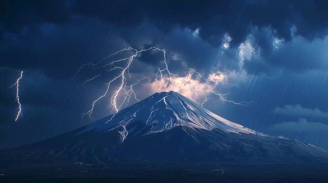 A hyper realistic cinematic thunderstorm over Mount Fuji, lightning bolts striking through dark clouds above the snowy peak