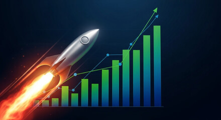 Rocket launches against a financial chart, symbolizing rapid growth and upward trends in a dark backdrop. Vibrant colors highlight the rocket and chart's dynamic movement