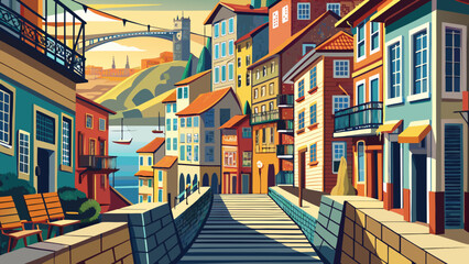 Obraz premium Porto Ribeira, Portugal Narrow streets tumble toward the Douro River, where tiled facades and iron balconies capture the essence of Portugal’s maritime and architectural heritage.