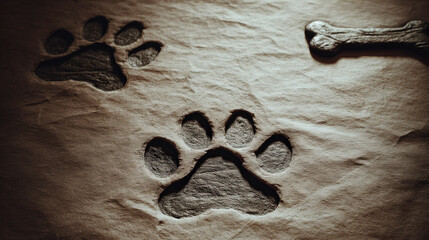 A paw print is on the sand, and a bone is next to it