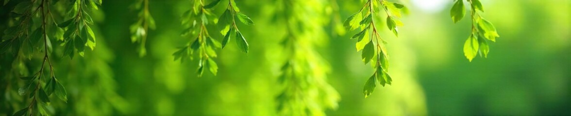 Obraz premium Intricate willow branches laden with delicate, vibrant green foliage, swaying gently in a summer breeze Perfect for nature, spring, or environmental themes , willow, serenity, fresh