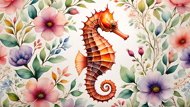Orange Seahorse Surrounded by Colorful Watercolor Flowers and Leaves hippocampus