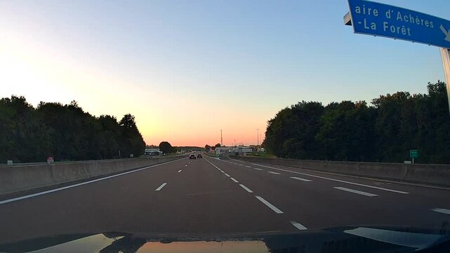 Dash cam Driving in French highway in early morning