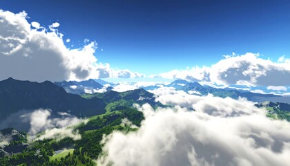 High-altitude view of a mountainous landscape with fluffy white clouds