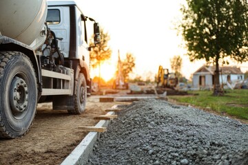 Naklejka premium Construction site at sunset. Trucks, excavators, and gravel