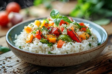 Fluffy rice bowl with roasted vegetables high resolution picture