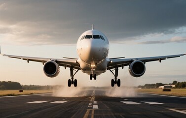 A dramatic cinematic low-angle view captures the front profile of a commercial airplane making its landing as it descends onto the runway, with powerful lighting highlighting the aircraft&rsquo;s intensity
