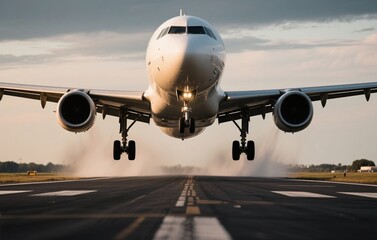 Obraz premium A dramatic cinematic low-angle view captures the front profile of a commercial airplane making its landing as it descends onto the runway, with powerful lighting highlighting the aircraft’s intensity