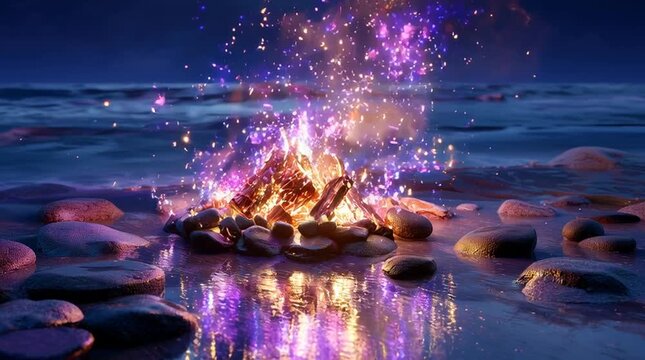 Magical bonfire with fairy flames on the ocean shore. Blue fantasy fire animation for dreamy background, meditation and relaxation