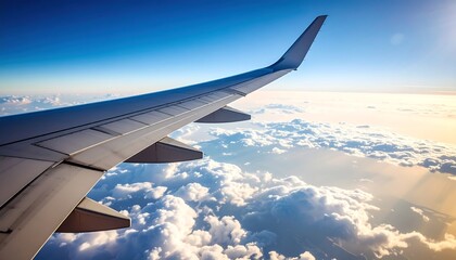 High-altitude view of airplane wing over fluffy clouds