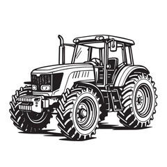 Vector detailed illustration of a tractor machine, designed in monochrome black and white with bold black outlines, symbolizing strength, farming, agriculture, and machinery.