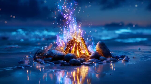 Magical bonfire with fairy flames on the ocean shore. Blue fantasy fire animation for dreamy background, meditation and relaxation