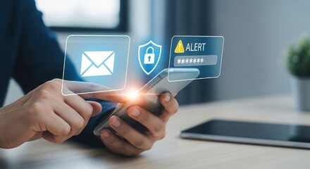 Person using smartphone with digital security and communication icons displayed