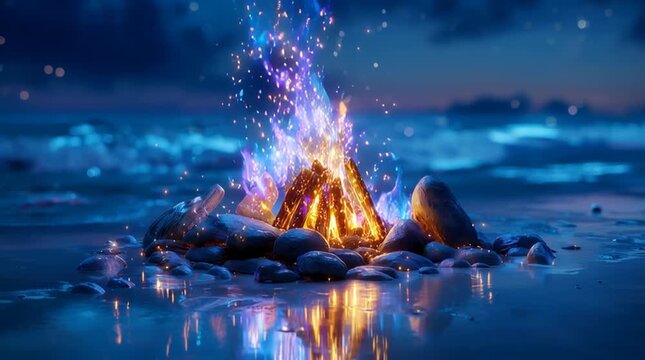 Magical bonfire with fairy flames on the ocean shore. Blue fantasy fire animation for dreamy background, meditation and relaxation