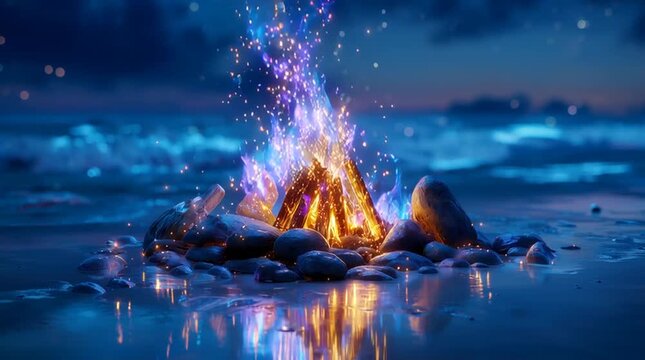 Magical bonfire with fairy flames on the ocean shore. Blue fantasy fire animation for dreamy background, meditation and relaxation