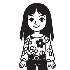 Vector cartoon illustration of a cute young woman wearing floral patterned clothes, designed in black and white with bold outlines, symbolizing charm and elegance.