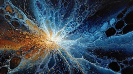 A mesmerizing abstract painting radiates outward from a central point, showcasing a dynamic interplay of deep blues, golds, and light beige tones, creating an otherworldly atmosphere.