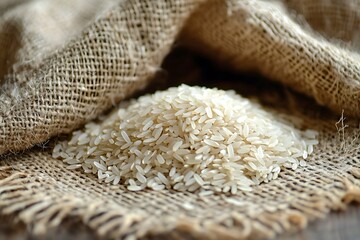 Fresh basmati rice grains on burlap high resolution picture