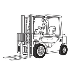 Vector detailed illustration of a forklift machine, created in black and white minimalistic style with bold black outlines, symbolizing strength, industry, and logistics.
