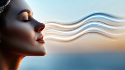 Serene face with closed eyes, soft light, peaceful expression. Abstract waves represent soothing sound, auditory rhythms, and alpha brain patterns. Promotes mental clarity, cognitive sharpness,